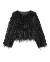 BLACK OSTRICH FEATHER JACKET-CREW NECK-FULL LENGTH STRAIGHT SLEEVES-SLIT POCKETS-HOOK AND EYE CLOSURES-20 INCH CENTER BACK LENGTH-BY POLOGEORGIS