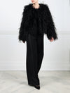 ACTION VIEW-BLACK OSTRICH FEATHER JACKET-CREW NECK-FULL LENGTH STRAIGHT SLEEVES-SLIT POCKETS-HOOK AND EYE CLOSURES-20 INCH CENTER BACK LENGTH-BY POLOGEORGIS