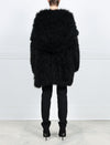 BLACK OVERSIZED KNITTED SHEARLING HOODED JACKET-UNLINED-FULL LENGTH SLEEVES-HOOK AND EYE CLOSURES-34.5 CENTER BACK LENGTH-BY POLOGEORGIS