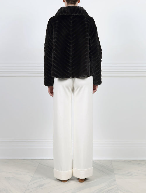 BACK VIEW-BLACK MINK SWING JACKET WITH LEATHER INSERTS-CHEVRON PATTERN DESIGN-SHIRT COLLAR-FULL LENGTH SLEEVES-SLIT POCKETS-HOOK AND EYE CLOSURES-23 INCH CENTER BACK LENGTH-BY POLOGEORGIS