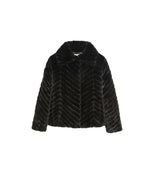  BLACK MINK SWING JACKET WITH LEATHER INSERTS-CHEVRON PATTERN DESIGN-SHIRT COLLAR-FULL LENGTH SLEEVES-SLIT POCKETS-HOOK AND EYE CLOSURES-23 INCH CENTER BACK LENGTH-BY POLOGEORGIS