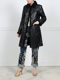 CASUAL VIEW-BLACK MAICON DASH PRINTED REVERSIBLE SHEARLING COAT DESIGNED BY ZANDRA RHODES-SHIRT COLLAR-FULL LENGTH SLEEVES-PATCH POCKETS-BUTTON CLOSURES-BACK VENT -38 INCH CENTER BACK LENGTH
