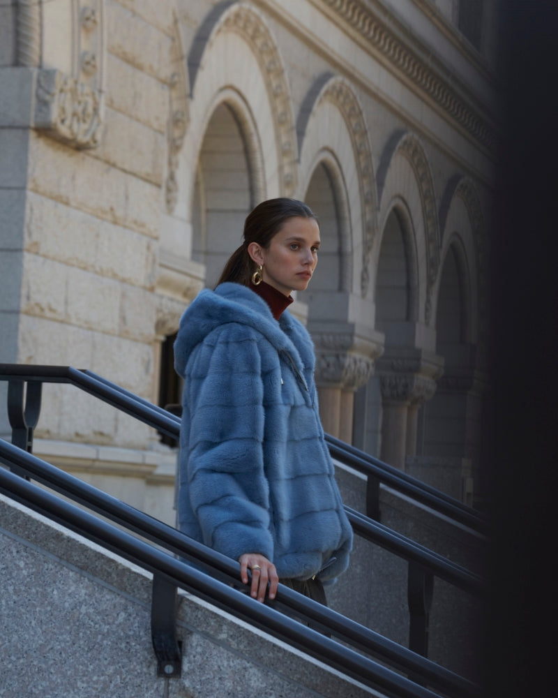 Pologeorgis The Louisa Hooded Horizontal Mink Fur Jacket Blue / Xs