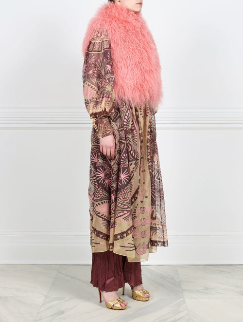 SIDE VIEW-CASUAL VIEW-BLUSH DYED CURLY SHEARLING STAND COLLAR VEST DESIGNED BY ZANDRA RHODES FOR POLOGEORGIS-SLIT POCKETS-HOOK AND EYE CLOSURES-18 INCH CENTER  BACK LENGTH