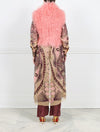 BACK VIEW-CASUAL VIEW-BLUSH DYED CURLY SHEARLING STAND COLLAR VEST DESIGNED BY ZANDRA RHODES FOR POLOGEORGIS-SLIT POCKETS-HOOK AND EYE CLOSURES-18 INCH CENTER  BACK LENGTH