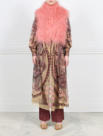 FRONT VIEW-CASUAL VIEW-BLUSH DYED CURLY SHEARLING STAND COLLAR VEST DESIGNED BY ZANDRA RHODES FOR POLOGEORGIS-SLIT POCKETS-HOOK AND EYE CLOSURES-18 INCH CENTER  BACK LENGTH