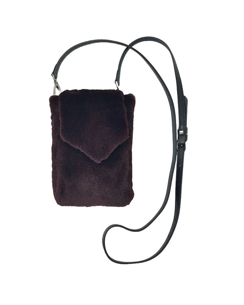 Sheared Diamond Grooved Mink Fur Phone Bag with Leather Strap in Burgundy
