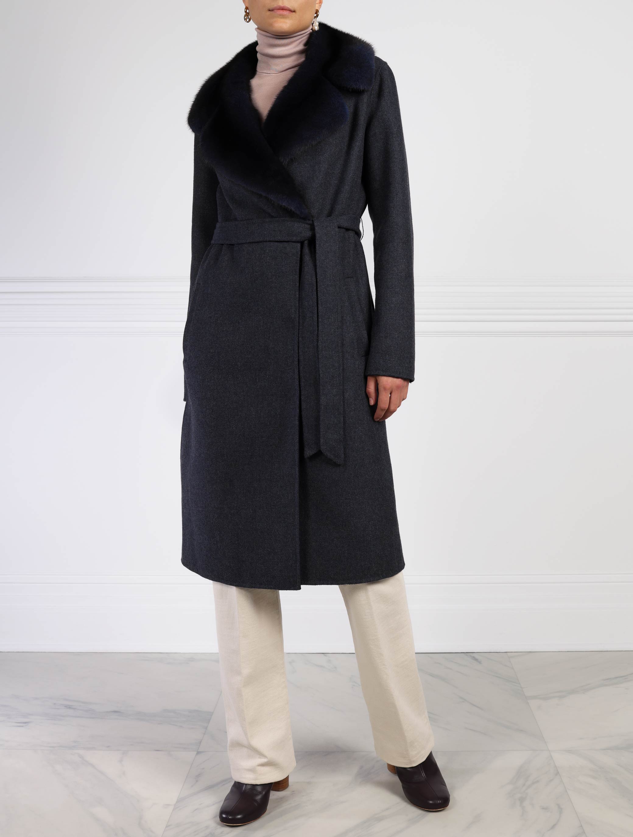 Wool Blend Coat with Mink Fur Collar in Blue