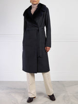 Wool Blend Coat with Mink Fur Collar in Blue
