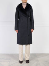 Wool Blend Coat with Mink Fur Collar in Blue