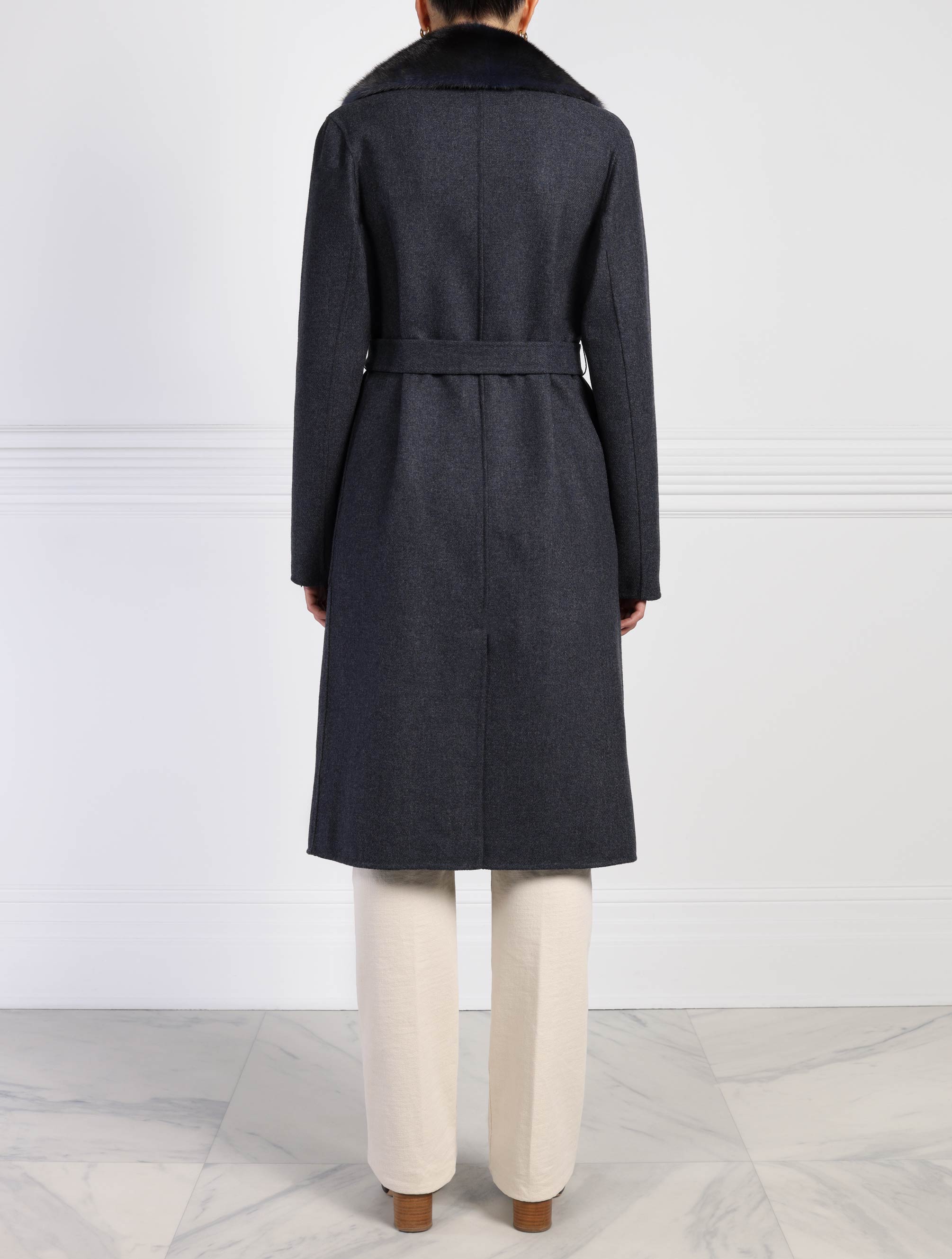 Wool Blend Coat with Mink Fur Collar in Blue