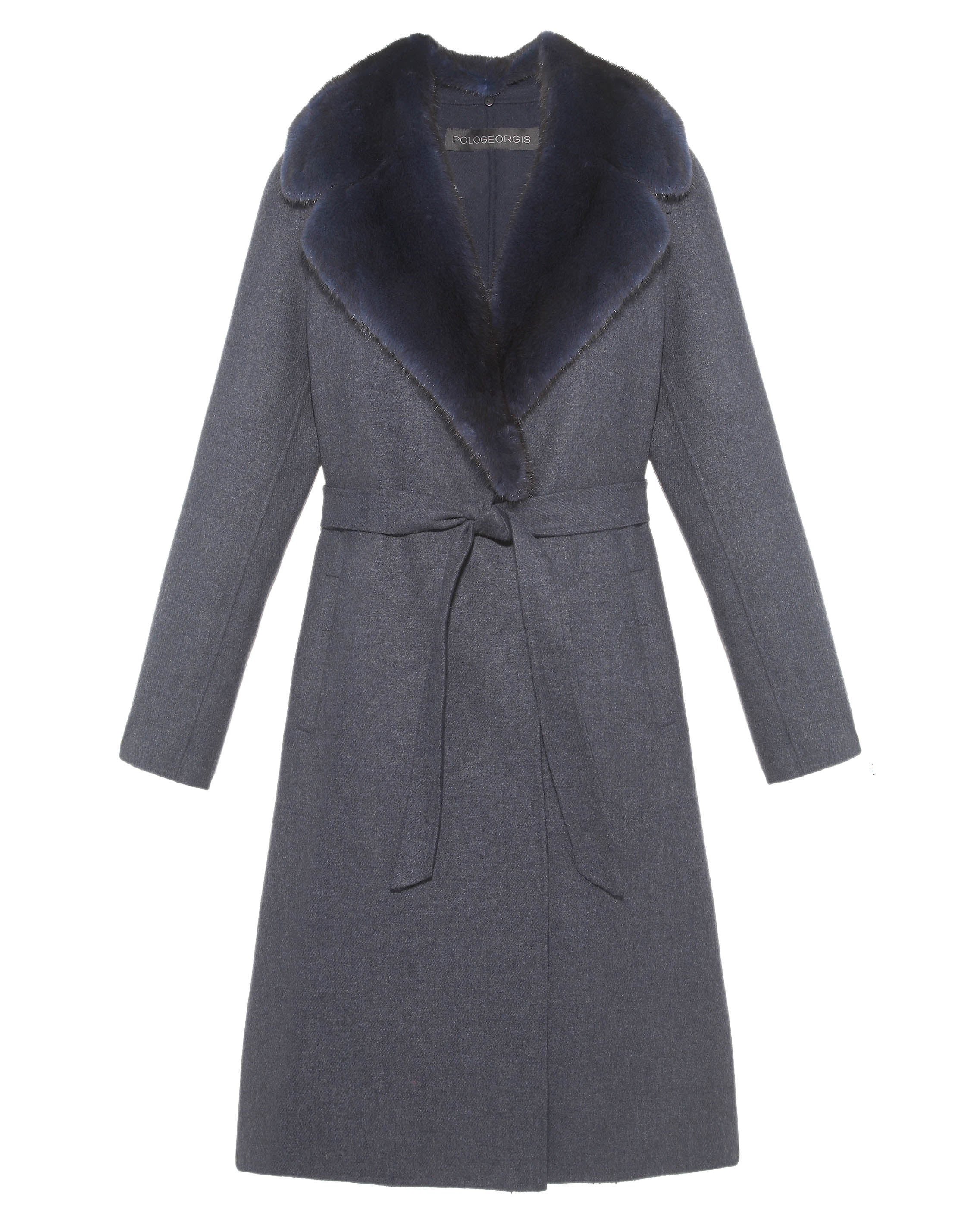 Wool Blend Coat with Mink Fur Collar in Blue