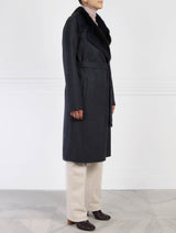 Wool Blend Coat with Mink Fur Collar in Blue