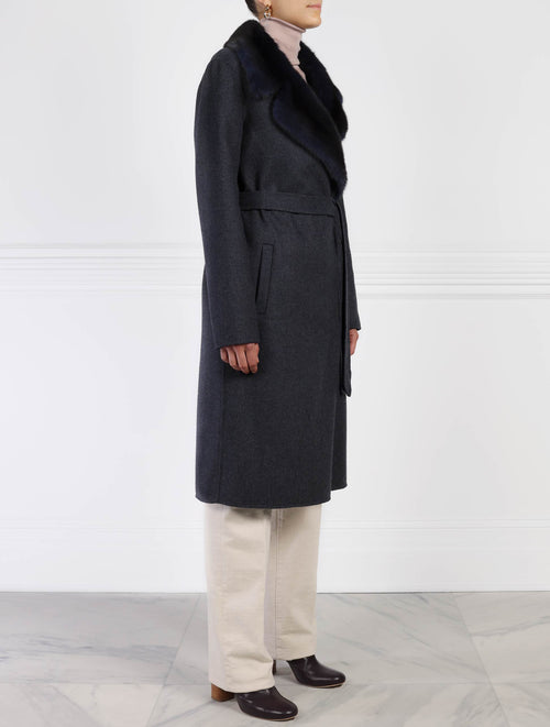 Wool Blend Coat with Mink Fur Collar in Blue