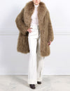 TAN OVERSIZED KNITTED SHEARLING COAT-SHAWL COLLAR-FULL LENGTH SLEEVES-SLIT POCKETS-HOOK AND EYE CLOSURES-FULLY LINED-40 INCH CENTER BACK LENGTH-BY POLOGEORGIS