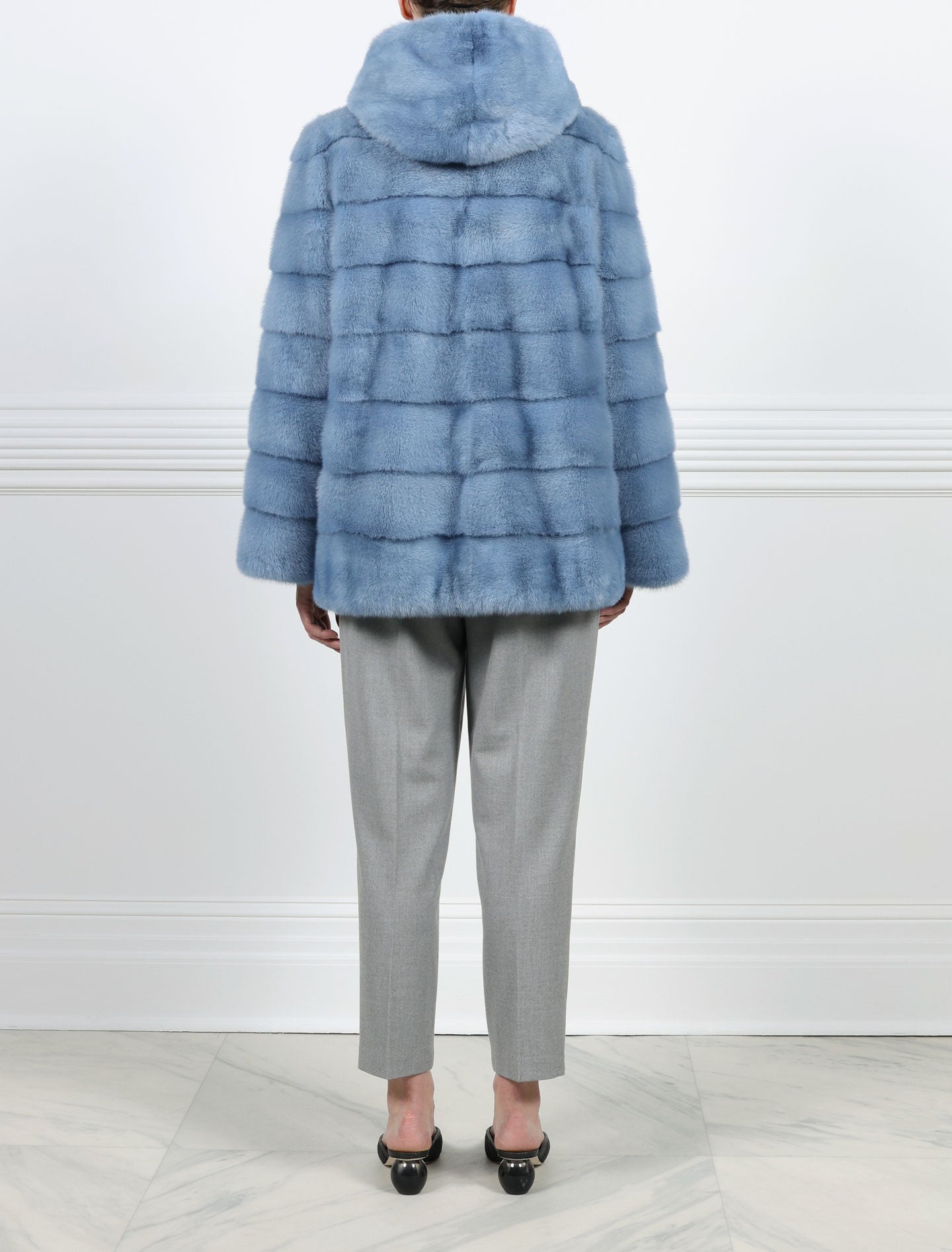 Pologeorgis The Louisa Hooded Horizontal Mink Fur Jacket Blue / Xs