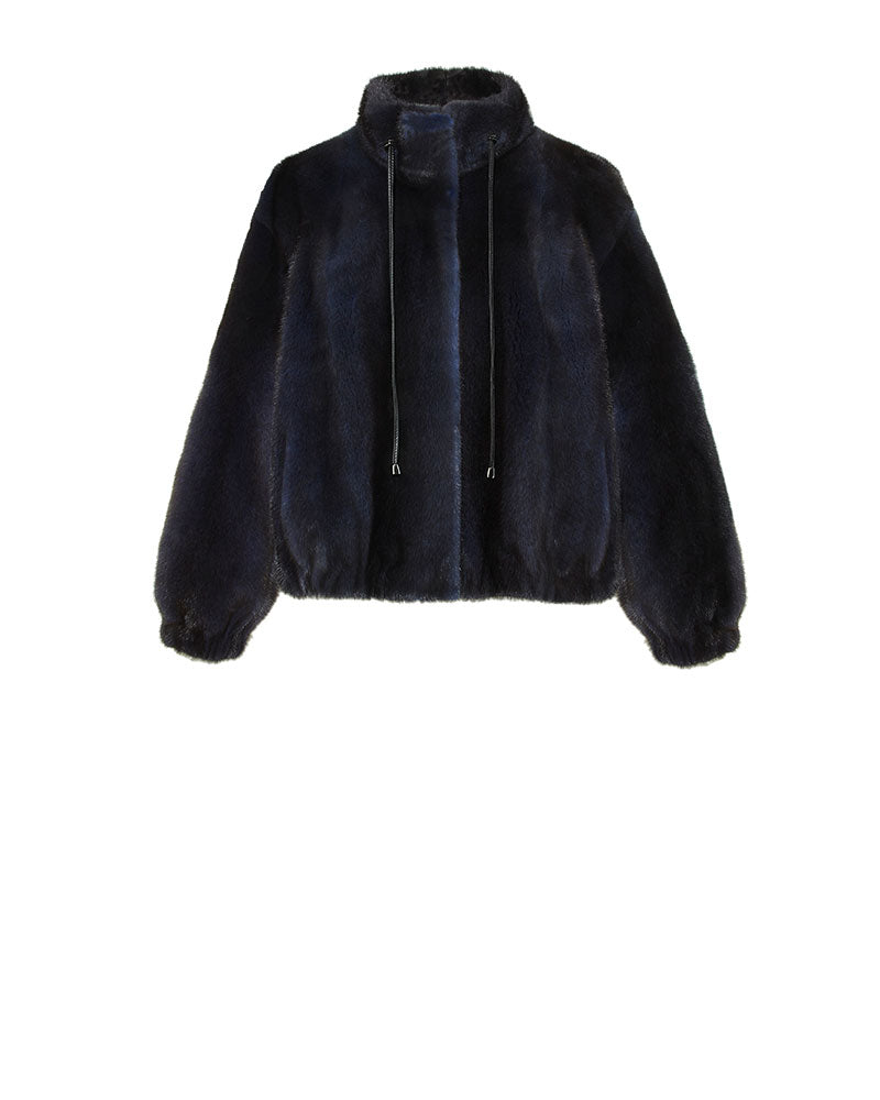 DENIM MINK BOMBER-STAND COLLAR WITH DRAWSTRING-FULL LENGTH GATHERED SLEEVES-SLIT POCKETS-ZIP FRONT CLOSURE-GATHERED WAIST-23 INCH CENTER BACK LENGTH-BY POLOGEORGIS