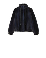 DENIM MINK BOMBER-STAND COLLAR WITH DRAWSTRING-FULL LENGTH GATHERED SLEEVES-SLIT POCKETS-ZIP FRONT CLOSURE-GATHERED WAIST-23 INCH CENTER BACK LENGTH-BY POLOGEORGIS