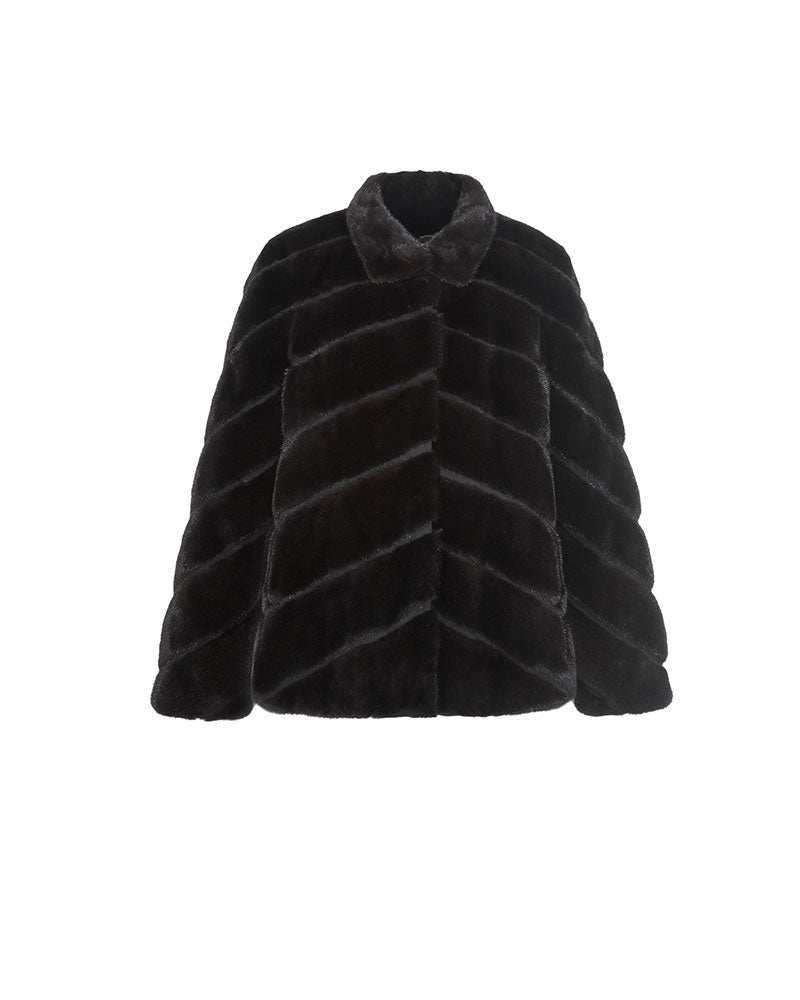 DIAGONAL BLACK MINK JACKET STAND COLLAR STRAIGHT SLEEVES
