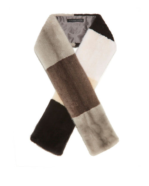 COLORBLOCKED MINK SCARF IN GREY, BLACK AND IVORY TONES-54 INCH BY 5 INCHES LONG-SLIK LINED-BY POLOGEORGIS