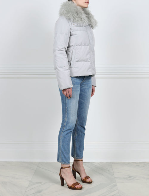 SIDE VIEW- GREY DOWN FILLED PUFFER JACKET -CASHMERE GOAT TRIMMED STAND COLLAR-FULL LENGTH SLEEVES-SLIT POCKETS-HIDDEN SNAPS OVER ZIPPER FRONT CLOSURE-26 INCH CENTER BACK LENGTH BY POLOGEORGIS