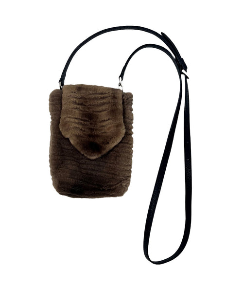 Sheared Grooved Horizontal Striped Mink Fur Phone Bag with Leather Strap