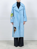 BLUE SHEARLING COAT WITH HOT AIR BALLON INTARSIA COAT DESIGNED BY MONSE NOTCH COLLAR PATCH POCKETS FRONT VIEW