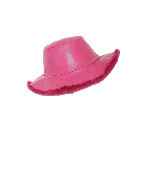 REVERSIBLE HOT PINK BUCKET HAT SHOWN ON LEATHER SIDE