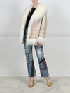 DASH WIGGLE PRINTED SHEARLING JACKET REVERSIBLE TO LONG CURLY SHEARLING FUR DESIGNED BY ZANDRA RHODES FOR POLOGEORGIS-LONG CURLY SHEARLING FUR SHAWL COLLAR-FULL LENGTH FUR TRIMMED SLEEVES- SLIT POCKETS-SNAP CLOSURES-27 INCH CENTER BACK LENGTH-TAUPE LEATHER  REVERSIBLE TO IVORY FUR