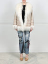 FRONT VIEW-DASH WIGGLE PRINTED SHEARLING JACKET REVERSIBLE TO LONG CURLY SHEARLING FUR DESIGNED BY ZANDRA RHODES FOR POLOGEORGIS-LONG CURLY SHEARLING FUR SHAWL COLLAR-FULL LENGTH FUR TRIMMED SLEEVES- SLIT POCKETS-SNAP CLOSURES-27 INCH CENTER BACK LENGTH-TAUPE LEATHER  REVERSIBLE TO IVORY FUR