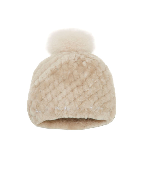 IVORY SHEARLING KNITTED HAT WITH POM