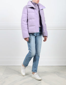 ACTIVE VIEW-LAVENDER DYED SHEARLING PUFFER JACKET-STAND COLLAR-FULL LENGTH SLEEVES-HIDDEN FRONT ZIP CLOSURE WITH SNAPS-SLIT POCKETS-26 INCH CENTER BACK LENGTH-BY POLOGEORGIS