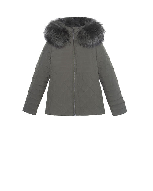 FUR LINED LODEN GREEN PUFFER WITH HOOD TIRM