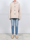 FRONT VIEW FUR SIDE-TAN REVERSIBLE HOODED SHEARLING JACKET-STRAIGHT FULL LENGTH SLEEVES-SLIT POCKETS-BUTTON CLOSURES-REVERSIBLE TO IVORY FUR-28 INCH CENTER BACK LENGTH-BY POLOGEORGIS