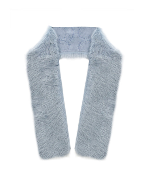 Printed Toscana Shearling Scarf Designed by Zandra Rhodes, color is light blue. 