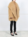 CAMEL OVERSIZED KNITTED SHEARLING HOODED JACKET-UNLINED-FULL LENGTH SLEEVES-HOOK AND EYE CLOSURES-34.5 CENTER BACK LENGTH-BY POLOGEORGIS