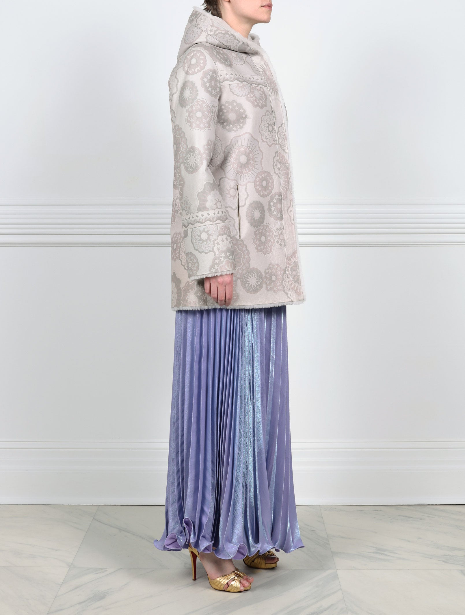 Pologeorgis Knitted Flower Printed Shearling Jacket with Curly Lamb Trim Designed by Zandra Rhodes
