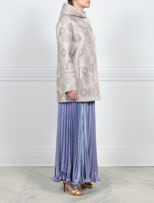 SIDE VIEW-FANTASTIC LOWERS PRINTED SHEARLING COAT DESIGNED BY ZANDRA RHODES FOR POLOGEORGIS-HOODED-FULL LENGTH SLEEVES-SLIT POCKETS-SNAP CLOSURES-REVERSIBLE TO ALYS WHITE SHEARLING FUR-32 INCH CENTER BACK LENGTH