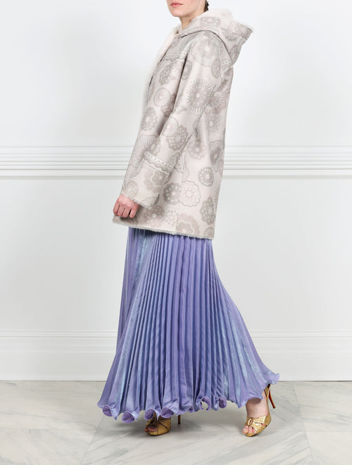 CASUAL VIEW-FANTASTIC LOWERS PRINTED SHEARLING COAT DESIGNED BY ZANDRA RHODES FOR POLOGEORGIS-HOODED-FULL LENGTH SLEEVES-SLIT POCKETS-SNAP CLOSURES-REVERSIBLE TO ALYS WHITE SHEARLING FUR-32 INCH CENTER BACK LENGTH