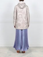 BACK VIEW-FANTASTIC LOWERS PRINTED SHEARLING COAT DESIGNED BY ZANDRA RHODES FOR POLOGEORGIS-HOODED-FULL LENGTH SLEEVES-SLIT POCKETS-SNAP CLOSURES-REVERSIBLE TO ALYS WHITE SHEARLING FUR-32 INCH CENTER BACK LENGTH
