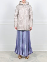 FRONT VIEW-FANTASTIC LOWERS PRINTED SHEARLING COAT DESIGNED BY ZANDRA RHODES FOR POLOGEORGIS-HOODED-FULL LENGTH SLEEVES-SLIT POCKETS-SNAP CLOSURES-REVERSIBLE TO ALYS WHITE SHEARLING FUR-32 INCH CENTER BACK LENGTH