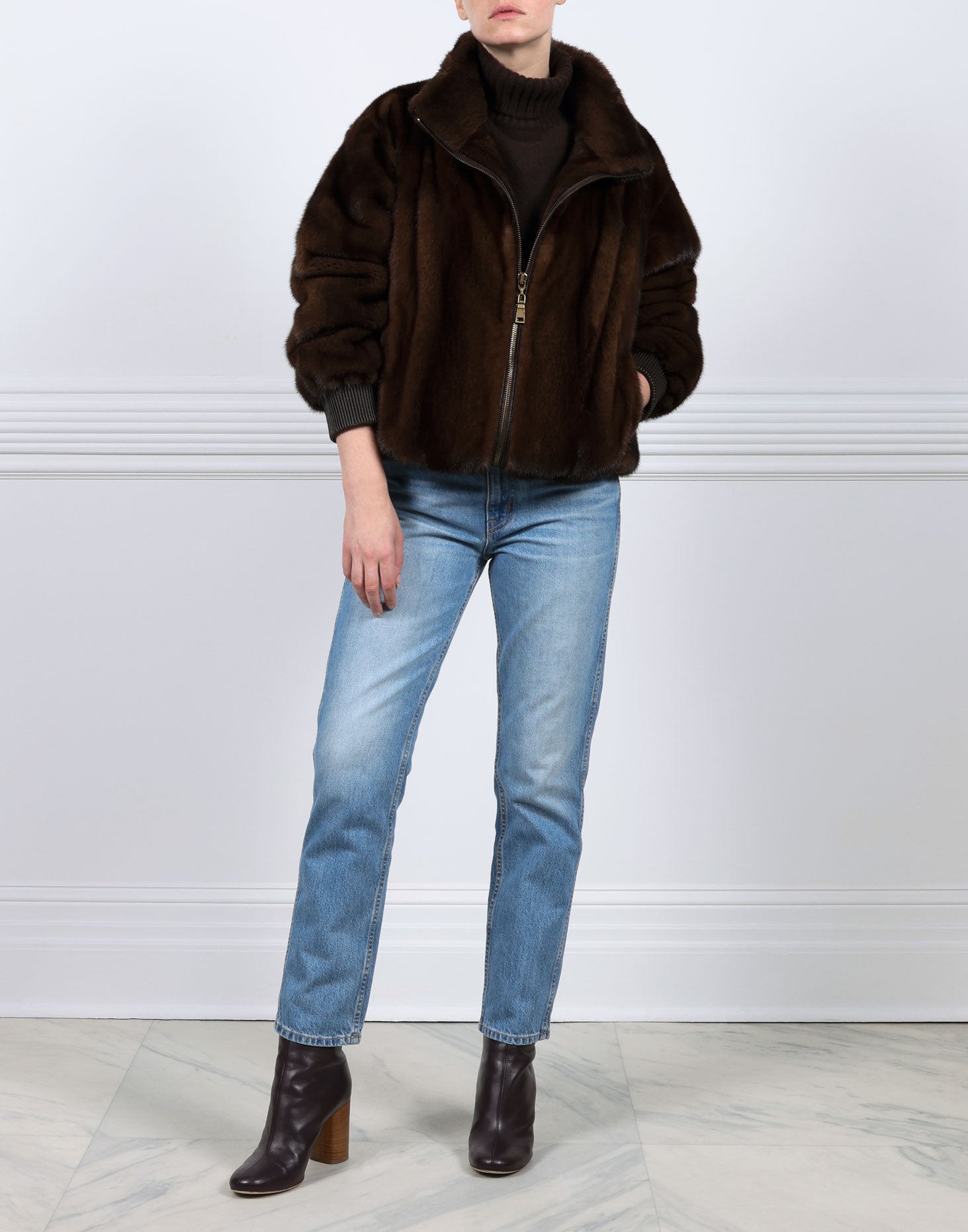 MAHOGANY MINK BOMBER JACKET-STAND COLLAR-FULL LENGTH SLEEVES-SLIT POCKETS-FRONT ZIP CLOSURE-GATHERED LEATHER TRIM AT WRISTS AND WAIST -25 INCH CENTER BACK LENGTH-BY POLOGEORGIS