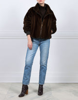 MAHOGANY MINK BOMBER JACKET-STAND COLLAR-FULL LENGTH SLEEVES-SLIT POCKETS-FRONT ZIP CLOSURE-GATHERED LEATHER TRIM AT WRISTS AND WAIST -25 INCH CENTER BACK LENGTH-BY POLOGEORGIS