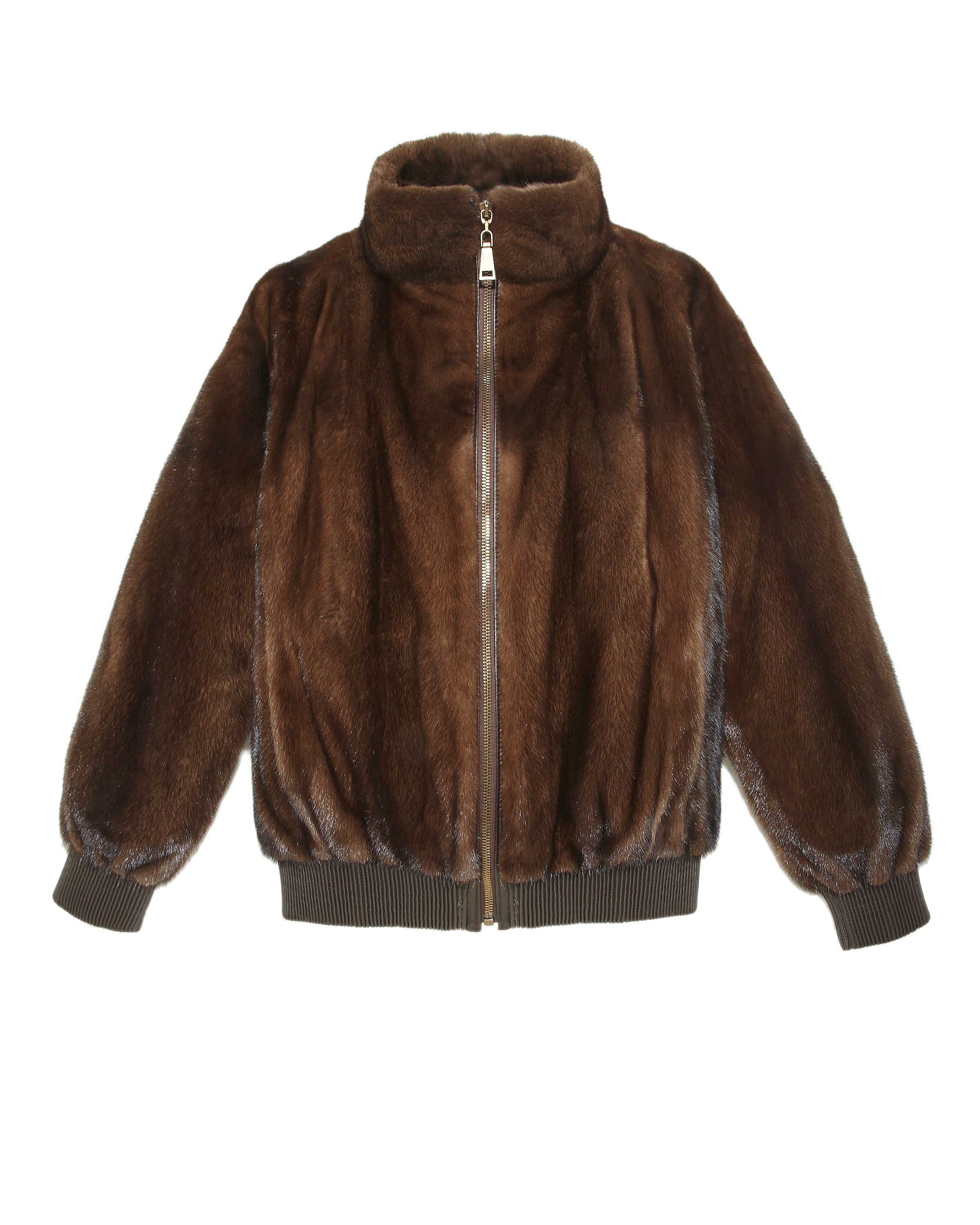 MAHOGANY MINK BOMBER JACKET-STAND COLLAR-FULL LENGTH SLEEVES-SLIT POCKETS-FRONT ZIP CLOSURE-GATHERED LEATHER TRIM AT WRISTS AND WAIST -25 INCH CENTER BACK LENGTH-BY POLOGEORGIS