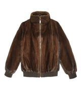 MAHOGANY MINK BOMBER JACKET-STAND COLLAR-FULL LENGTH SLEEVES-SLIT POCKETS-FRONT ZIP CLOSURE-GATHERED LEATHER TRIM AT WRISTS AND WAIST -25 INCH CENTER BACK LENGTH-BY POLOGEORGIS