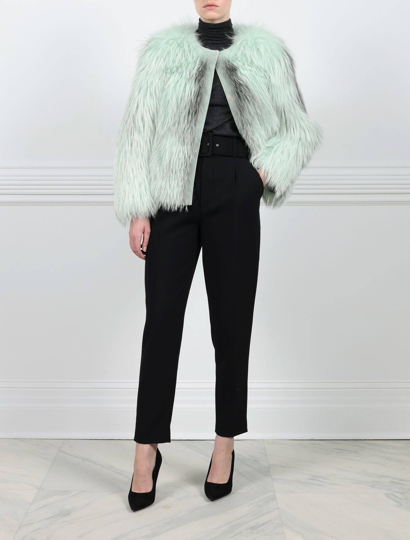 ACTION VIEW-MINT GREEN FOX JACKET-CREW NECK-FULL LENGTH SLEEVES-SLIT POCKETS-SUEDE TRIM-24 INCH CENTER BACK LENGTH-BY POLOGEORGIS