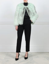 ACTION VIEW-MINT GREEN FOX JACKET-CREW NECK-FULL LENGTH SLEEVES-SLIT POCKETS-SUEDE TRIM-24 INCH CENTER BACK LENGTH-BY POLOGEORGIS