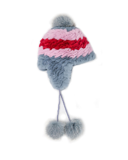 KNITTED RABBIT TRAPPER HAT IN GREY WITH PINK AND HOT PINK STRIPES  FUR POM POM TIES