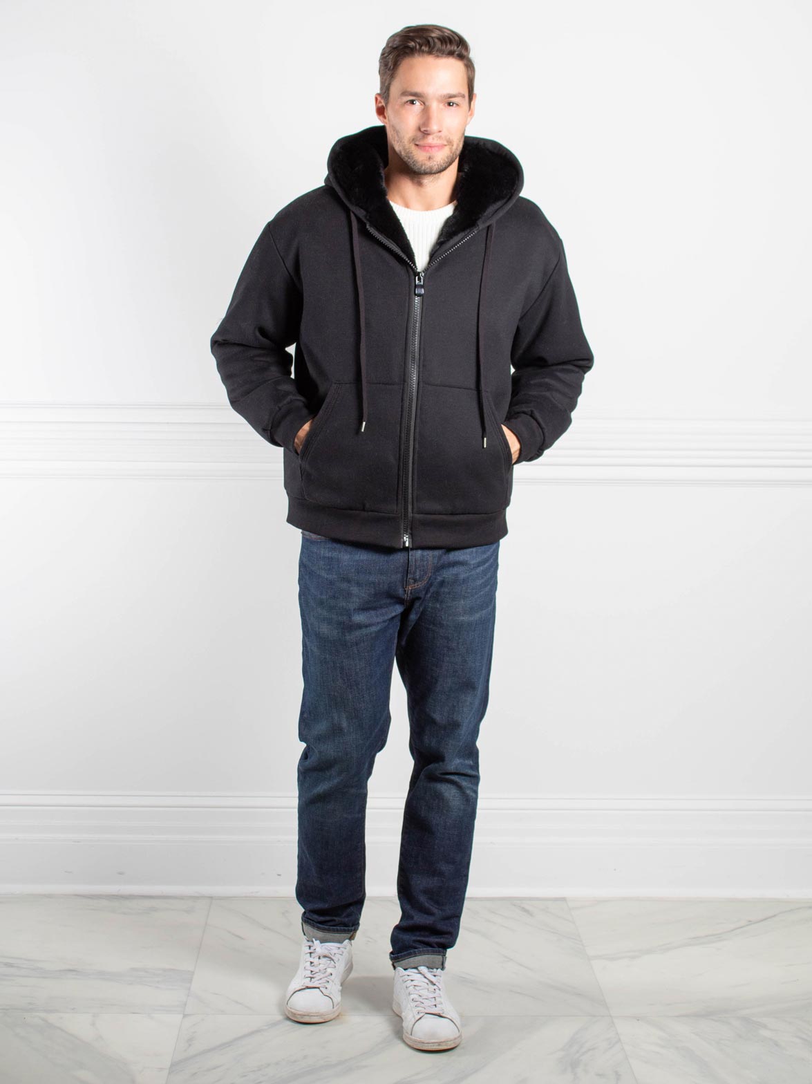 Mens Rabbit Lined Hooded Zip Sweatshirt in Black