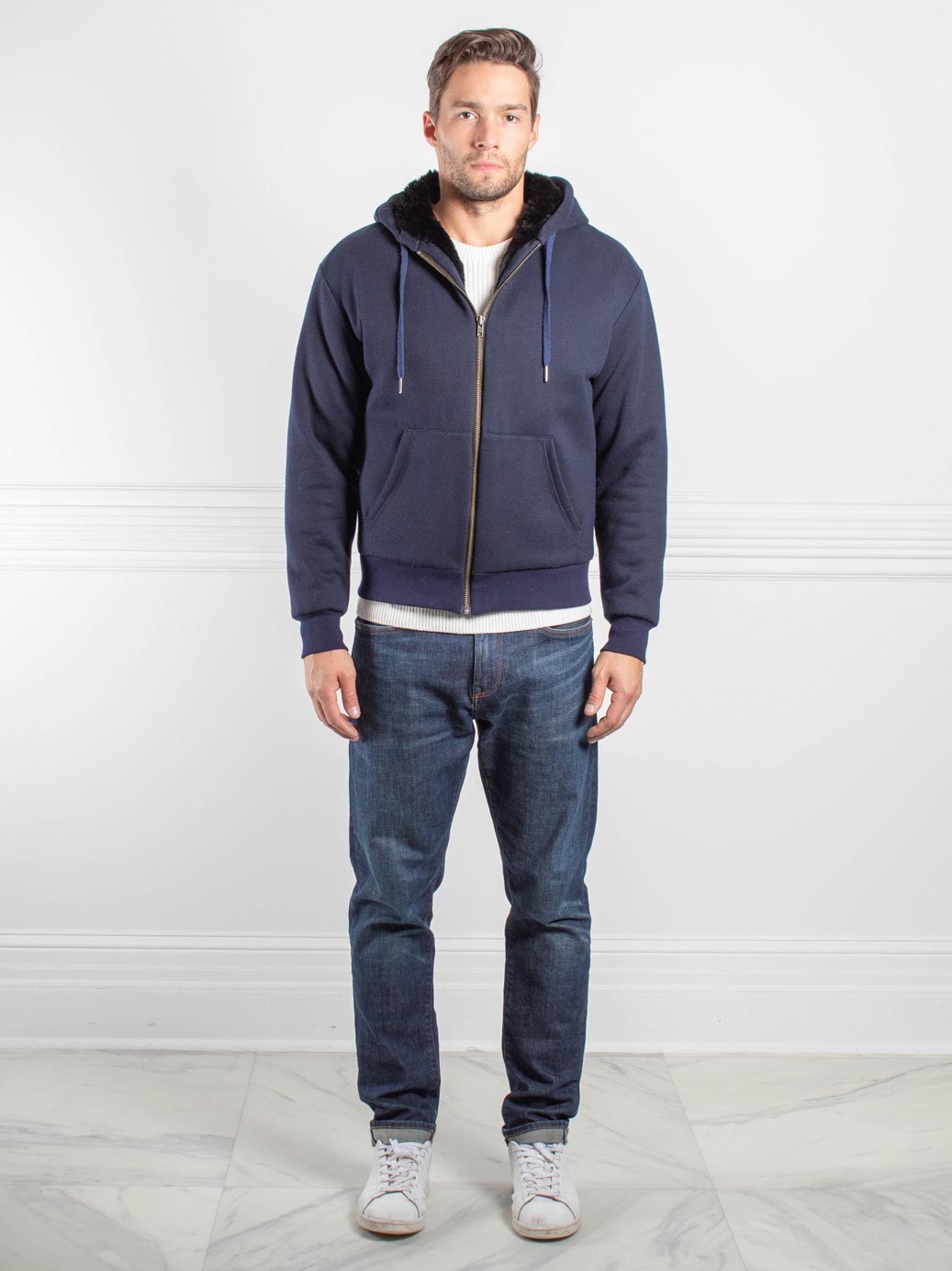 Men's Rabbit Lined Hooded Zip Sweatshirt in Navy